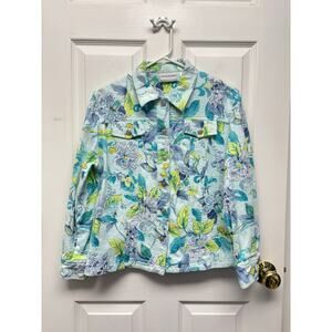 Alfred Dunner Jacket 12P Floral Sequin Embellished Blue Green Cotton Stretch